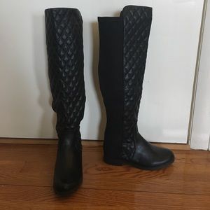 Leather and stretch knee high flat boots