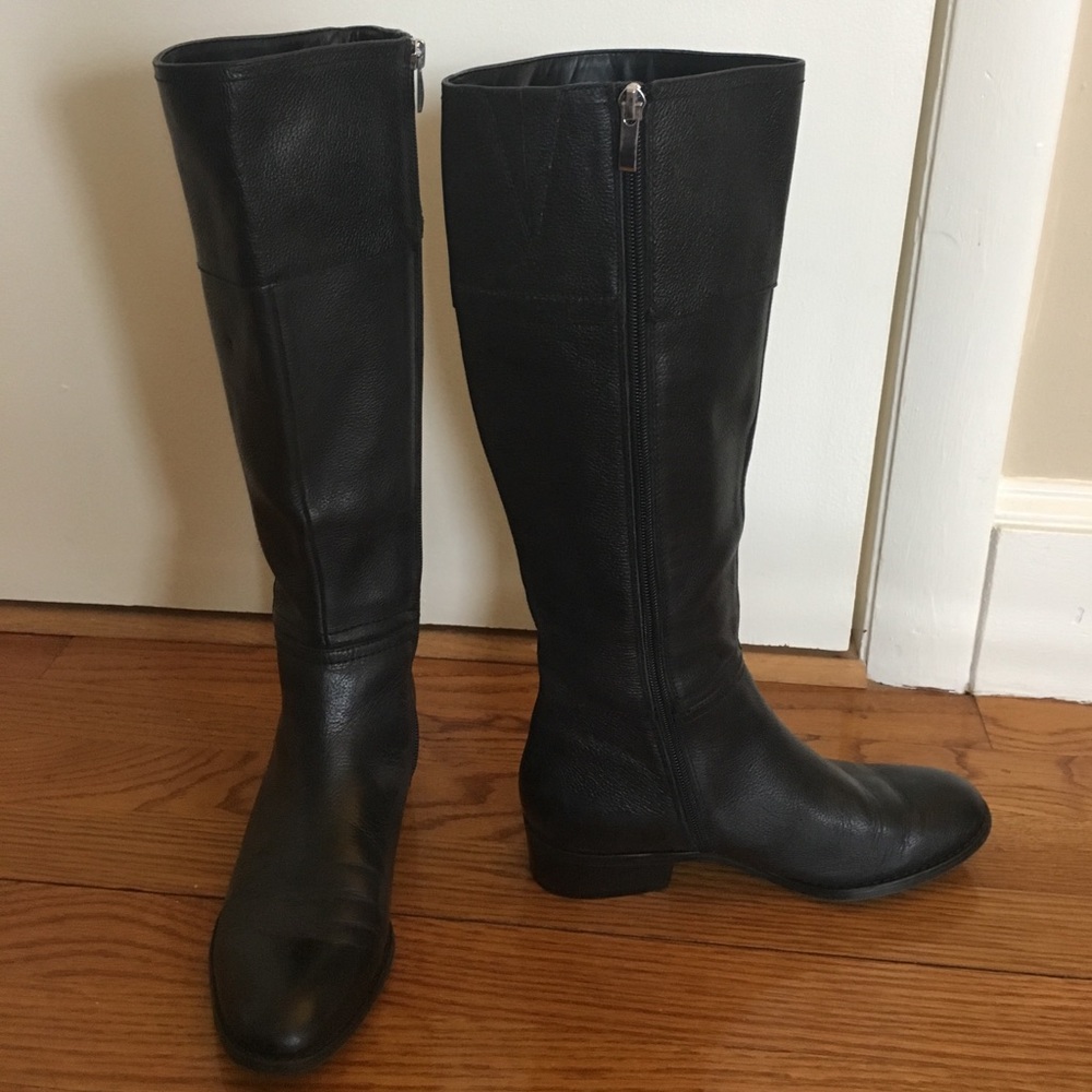Flat black leather zip-up boots