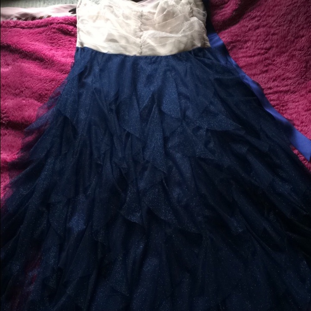 Navy blue, and beige strapless prom dress.