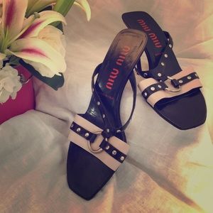 Miu Miu pink and black 3" slides w/metal detail