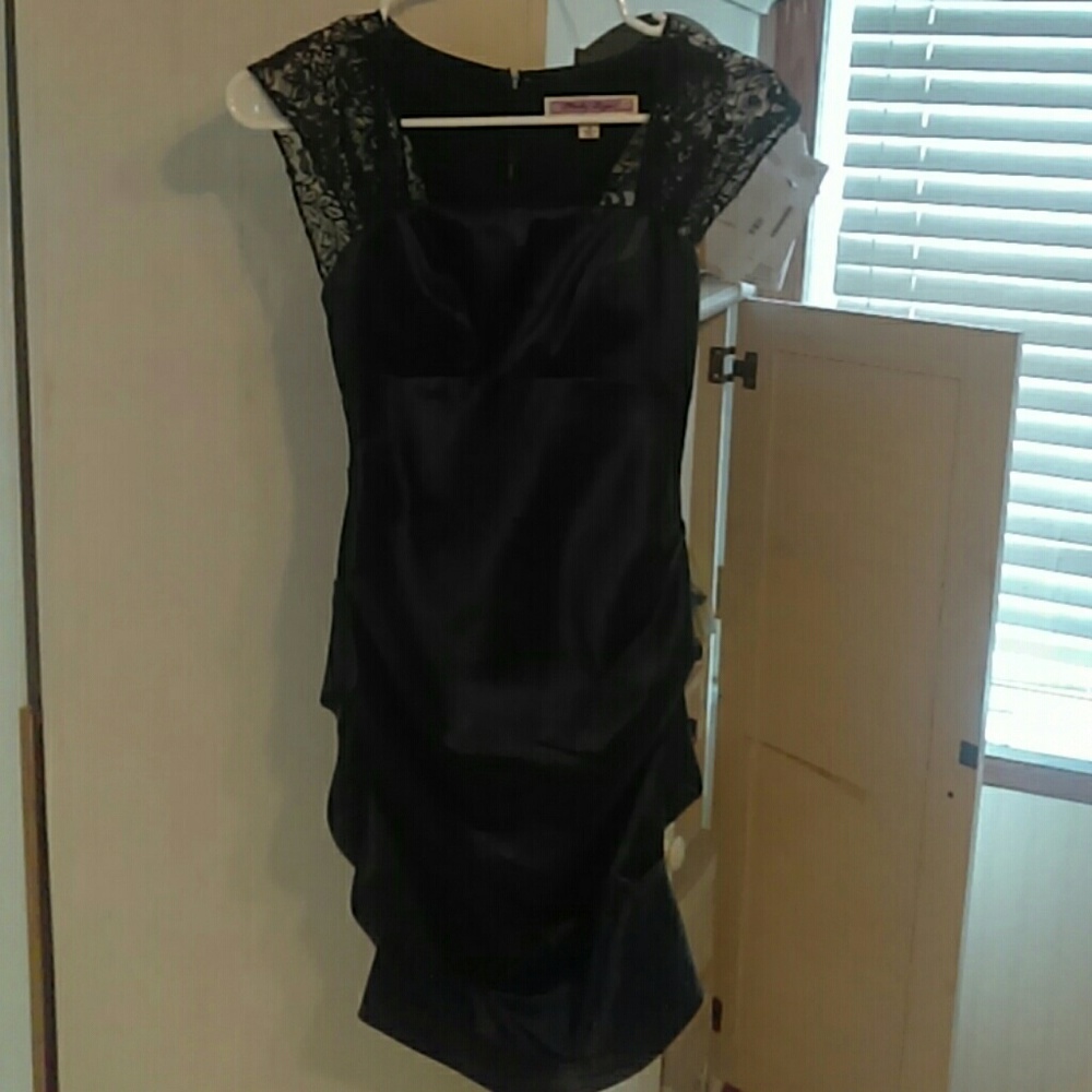 Black faux satin and lace dress