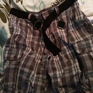 Plaid cargo shorts with belt