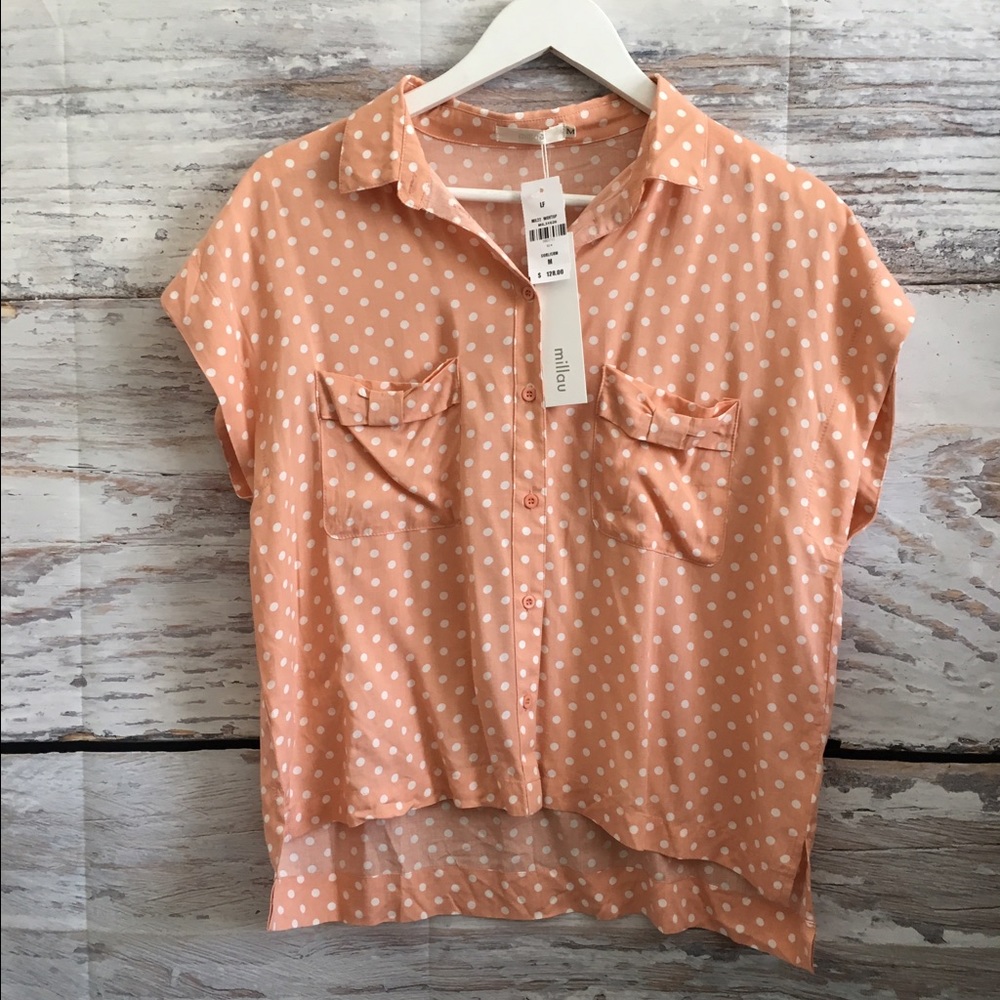 LF peach polka dot button down shirt
