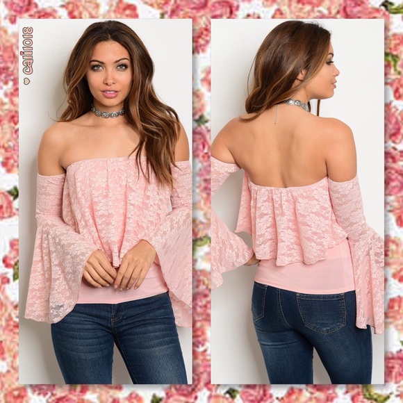 1 SM LEFT🆕Peach Off Shoulder Lace Bell Sleeve Top - Picture 2 of 3