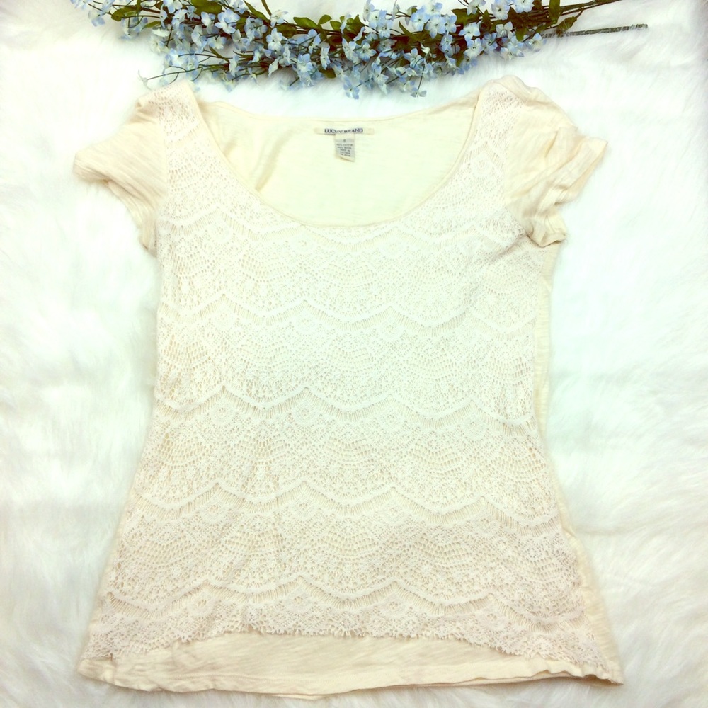 Lucky Brand ivory scalloped lace short sleeve top