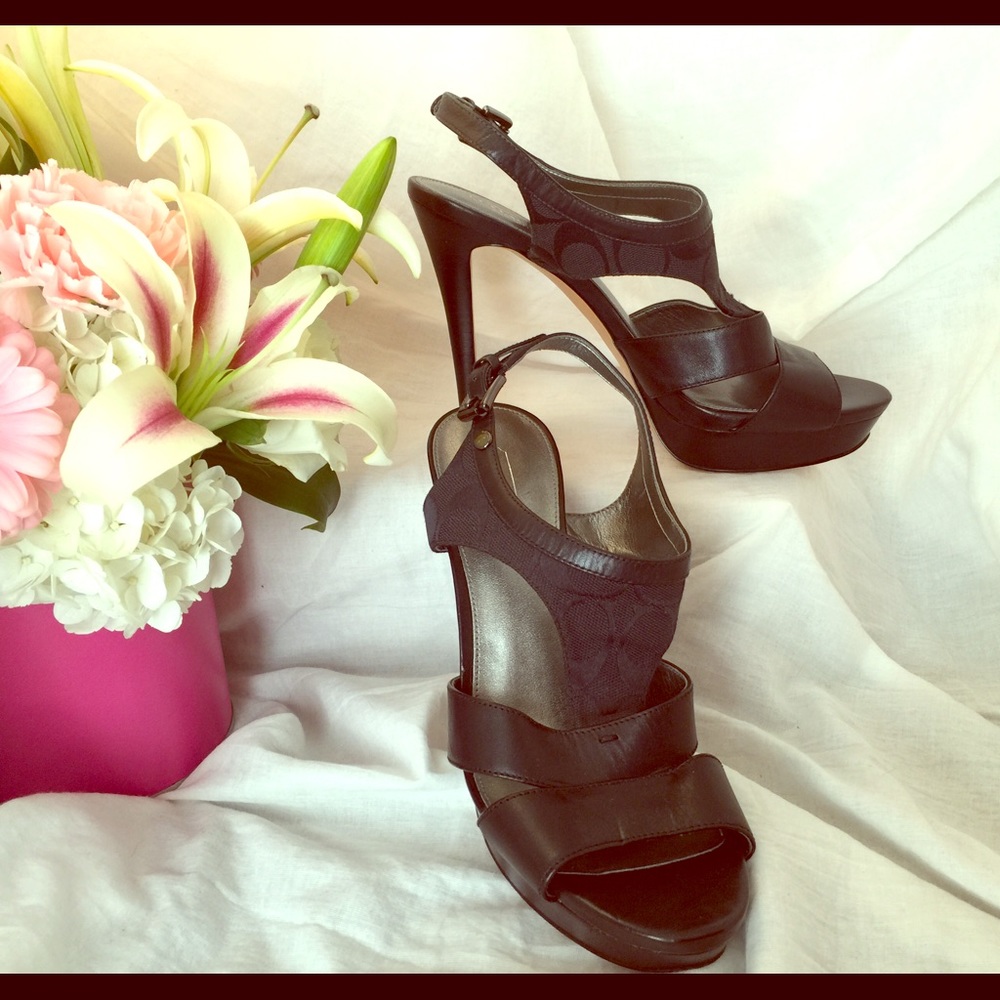 Coach open toe heels with 1 1/2" platform.