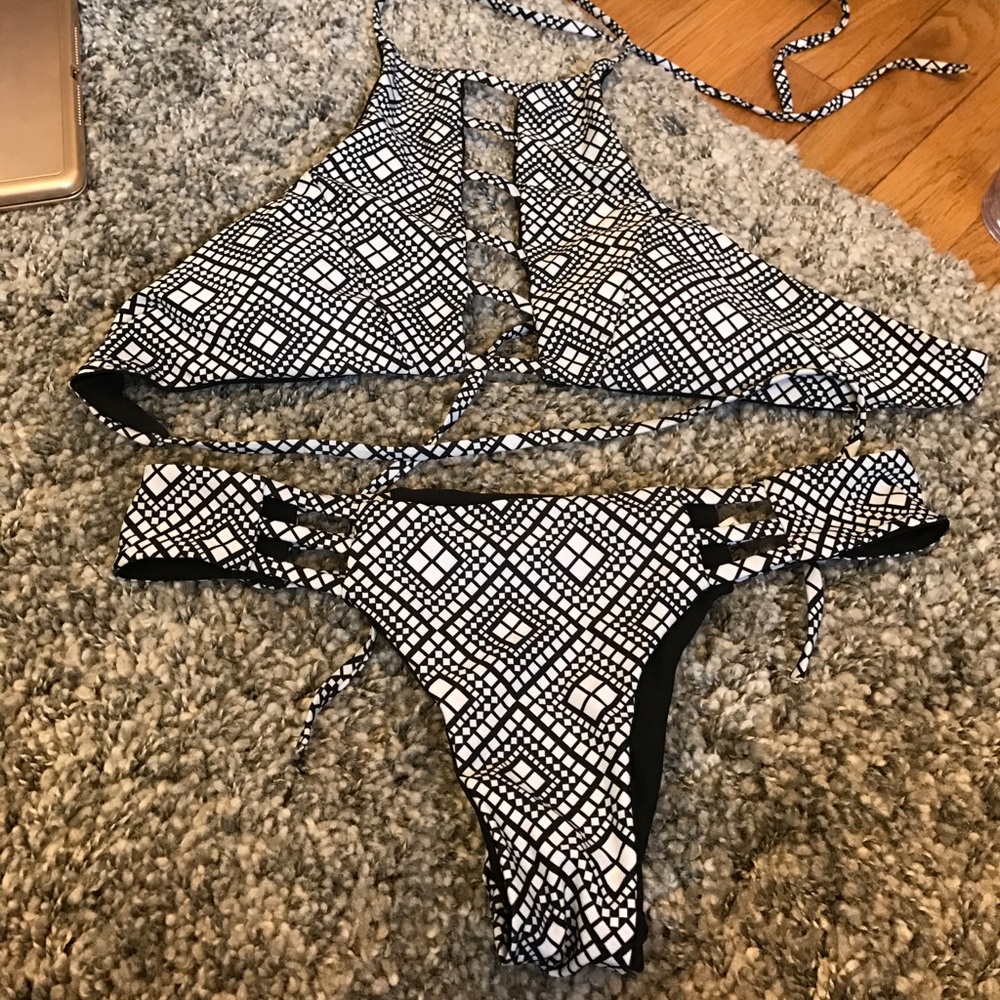 Black and white reversible halter bikini