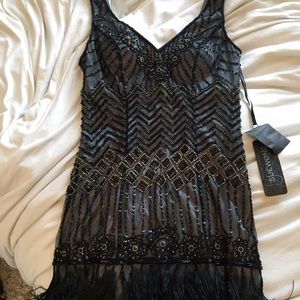 Sue Wong Feather Bottom Sequined Dress