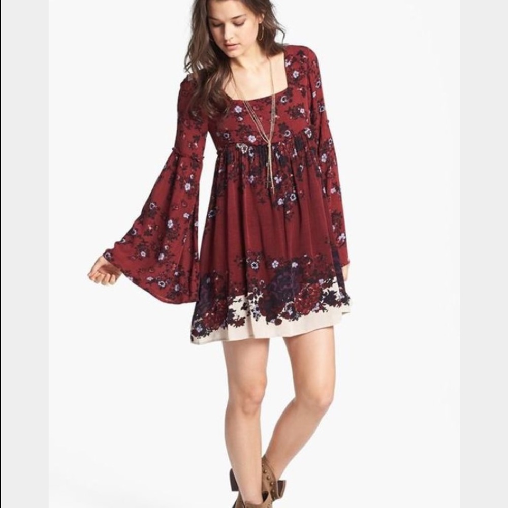 Free People Burgundy Mini Dress with Bell Sleeves