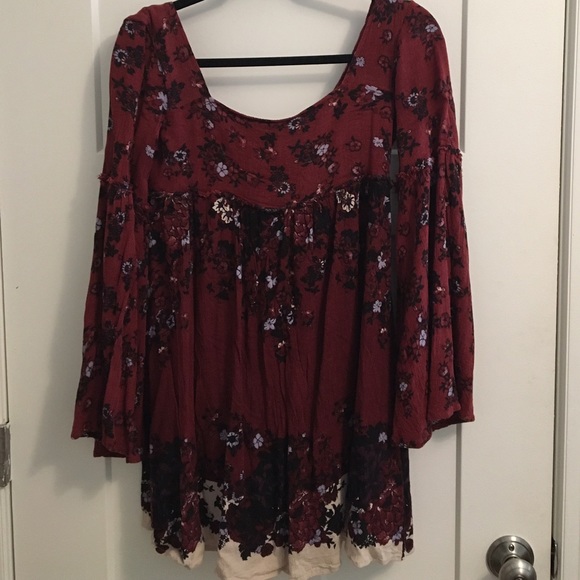 Free People Burgundy Mini Dress with Bell Sleeves - Picture 2 of 3