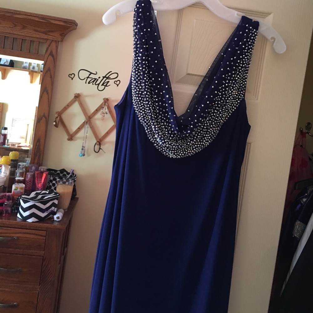 Blue cowl neck prom dress