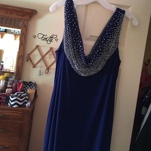 Blue cowl neck prom dress