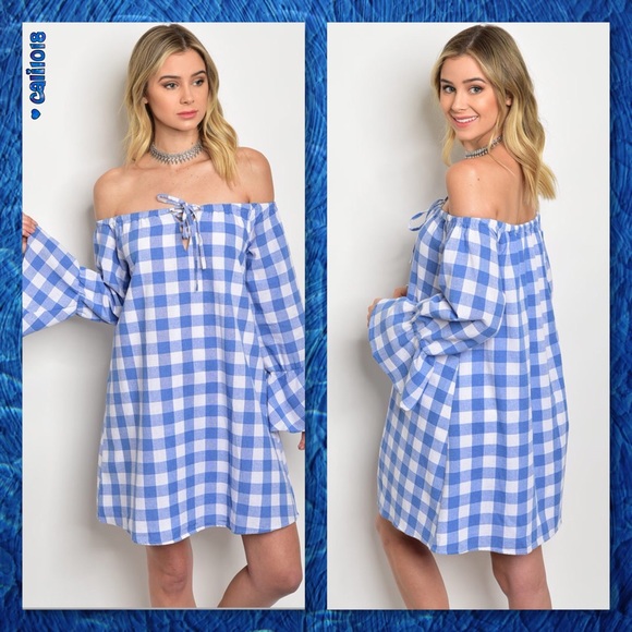 LAST 1🎉HP🆕Blue Checkered Off Shoulder Dress - Picture 2 of 3