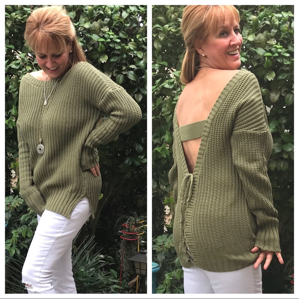 V-Plunge Lace-up Back LS Sweater in Olive - Picture 1 of 8