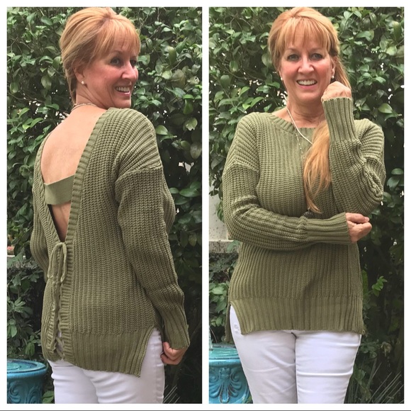 V-Plunge Lace-up Back LS Sweater in Olive - Picture 7 of 8