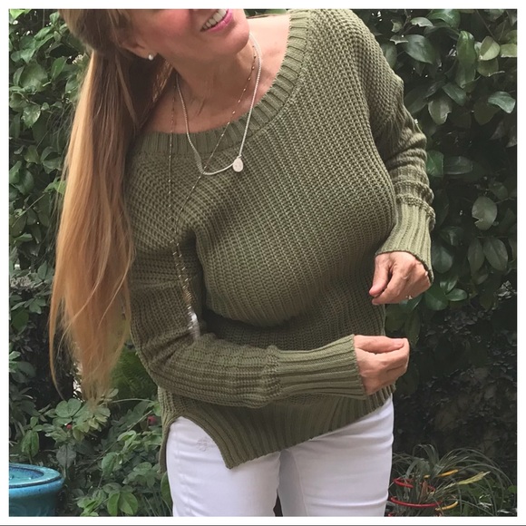 V-Plunge Lace-up Back LS Sweater in Olive - Picture 3 of 8