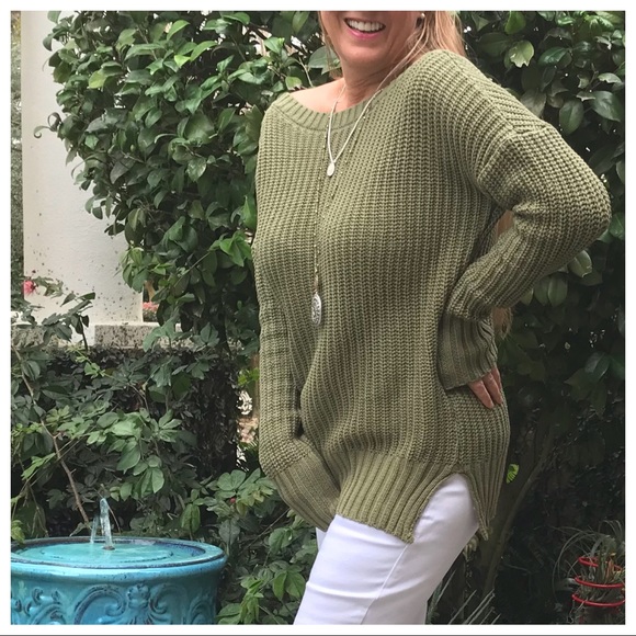 V-Plunge Lace-up Back LS Sweater in Olive - Picture 6 of 8