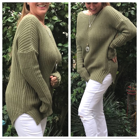 V-Plunge Lace-up Back LS Sweater in Olive - Picture 5 of 8