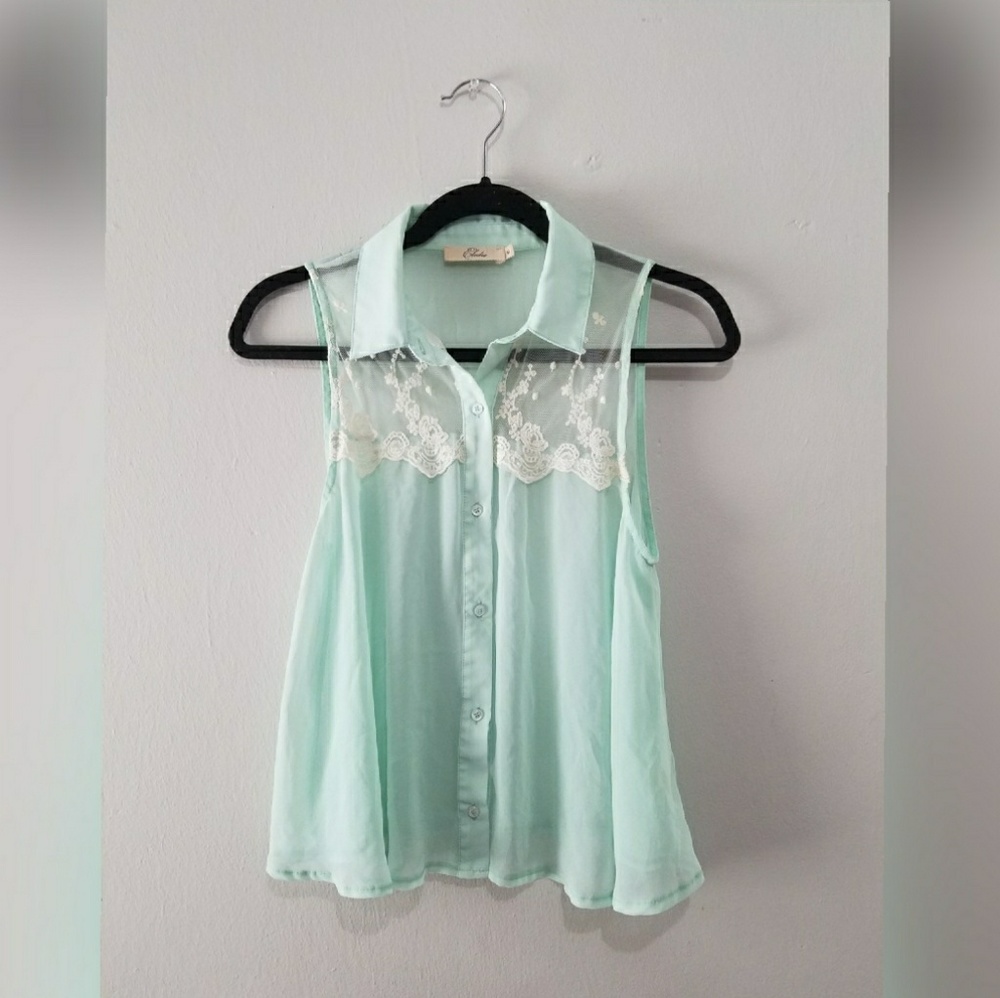 ☆ Sheer Sea Green Lace Button Down Tank