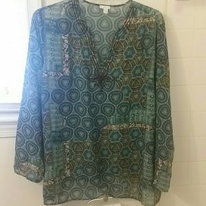 Teal and brown lightweight tunic w/brown piping