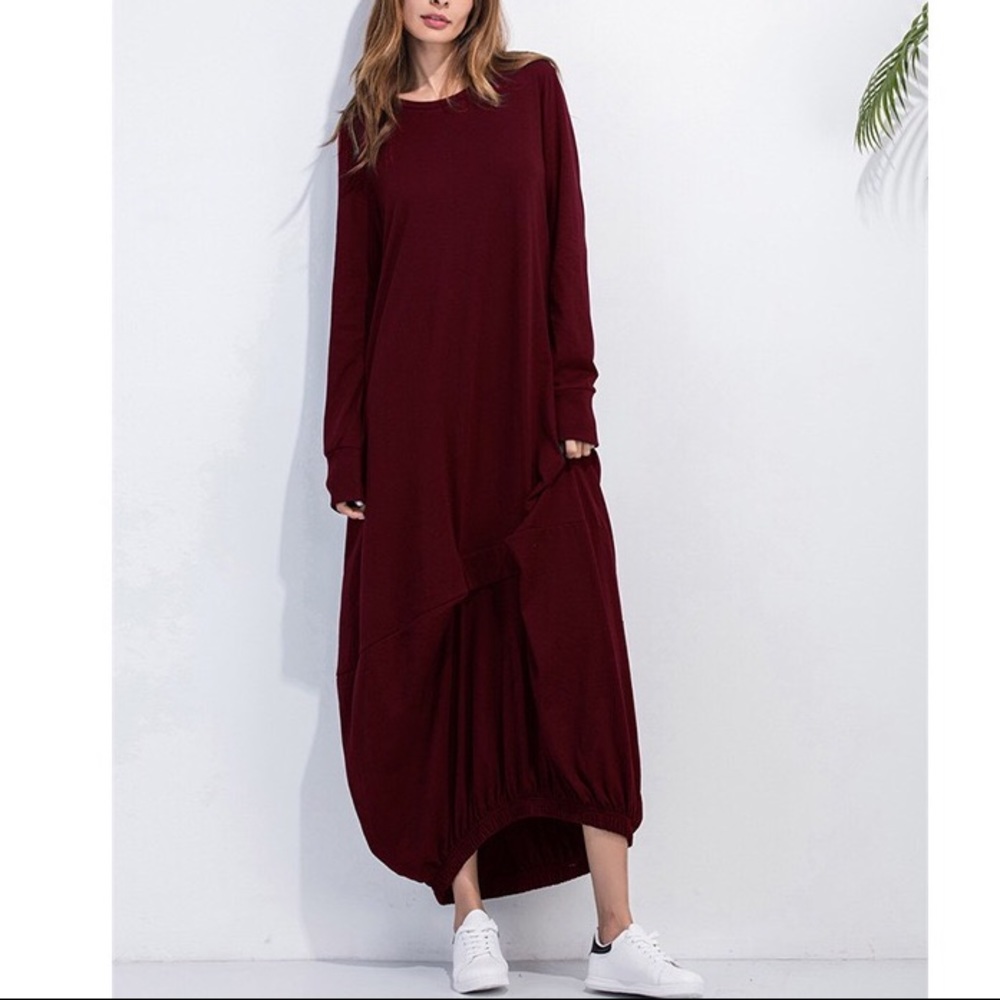 Burgundy Cotton loose dress - Picture 1 of 3