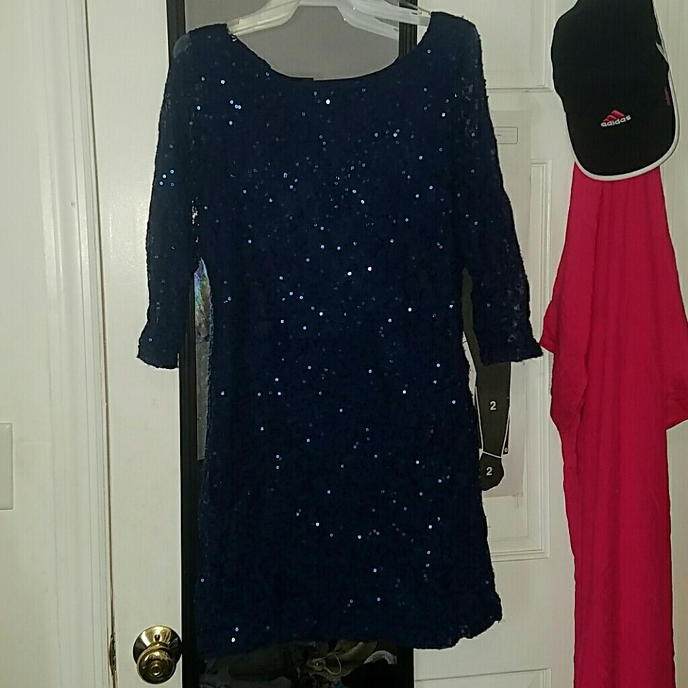 Navy blue sequin open back mini dress