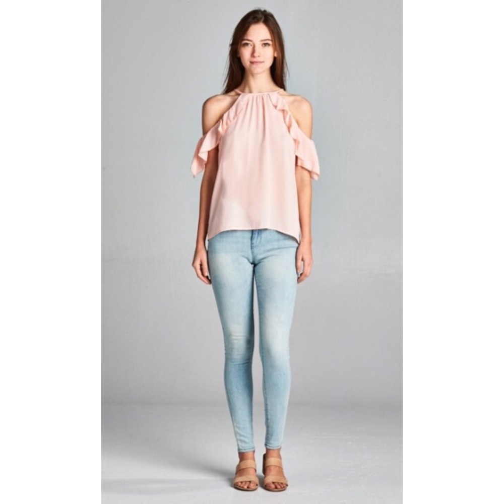 ❗️CLEARANCE❗️Pink Ruffle Cold Shoulder Tunic S M L - Picture 2 of 3