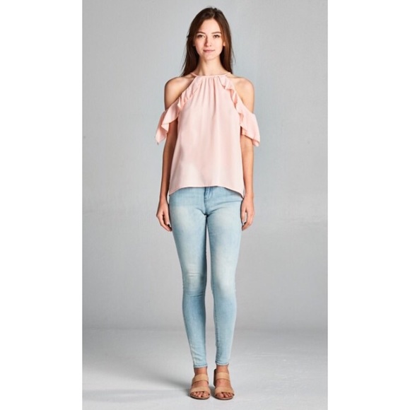 ❗️CLEARANCE❗️Pink Ruffle Cold Shoulder Tunic S M L - Picture 2 of 3