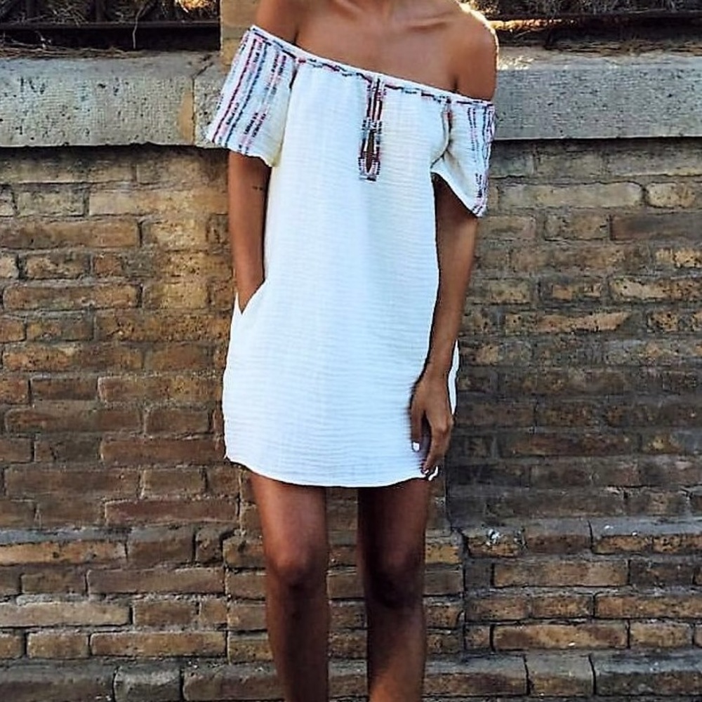 Zara embroidered off the shoulder dress w/pockets
