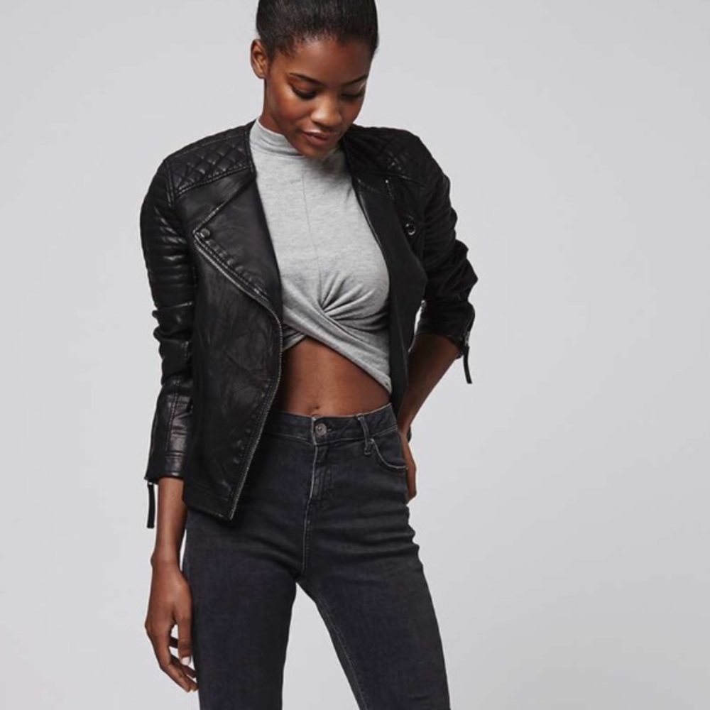 Top shop - quilted textured leather biker jacket