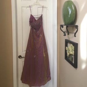 Pink iridescent prom dress with flower beading