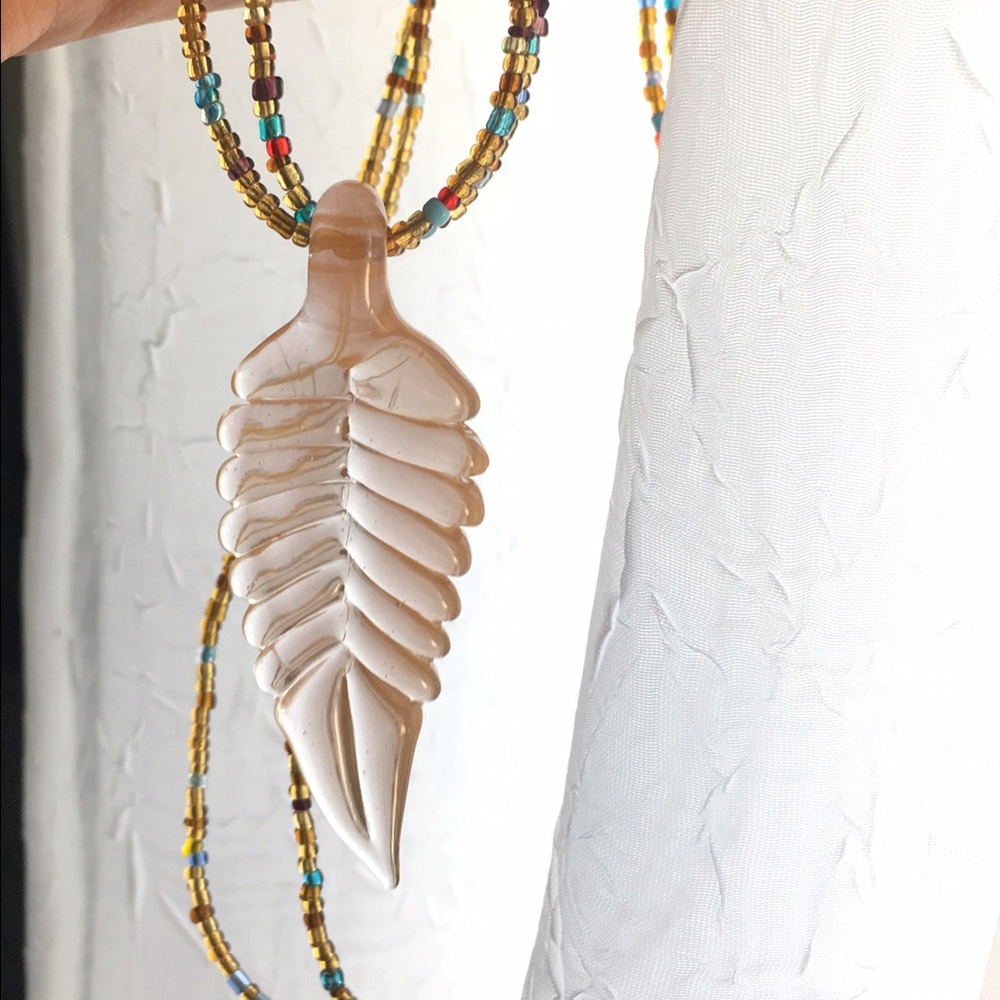 Upgrade peach leaf glass pendant hand beaded chain