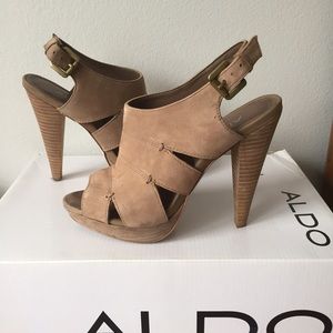 Aldo open toe camel tan booties