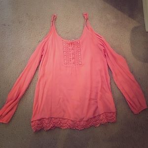 Pink off-the-shoulder, long sleeve, blouse