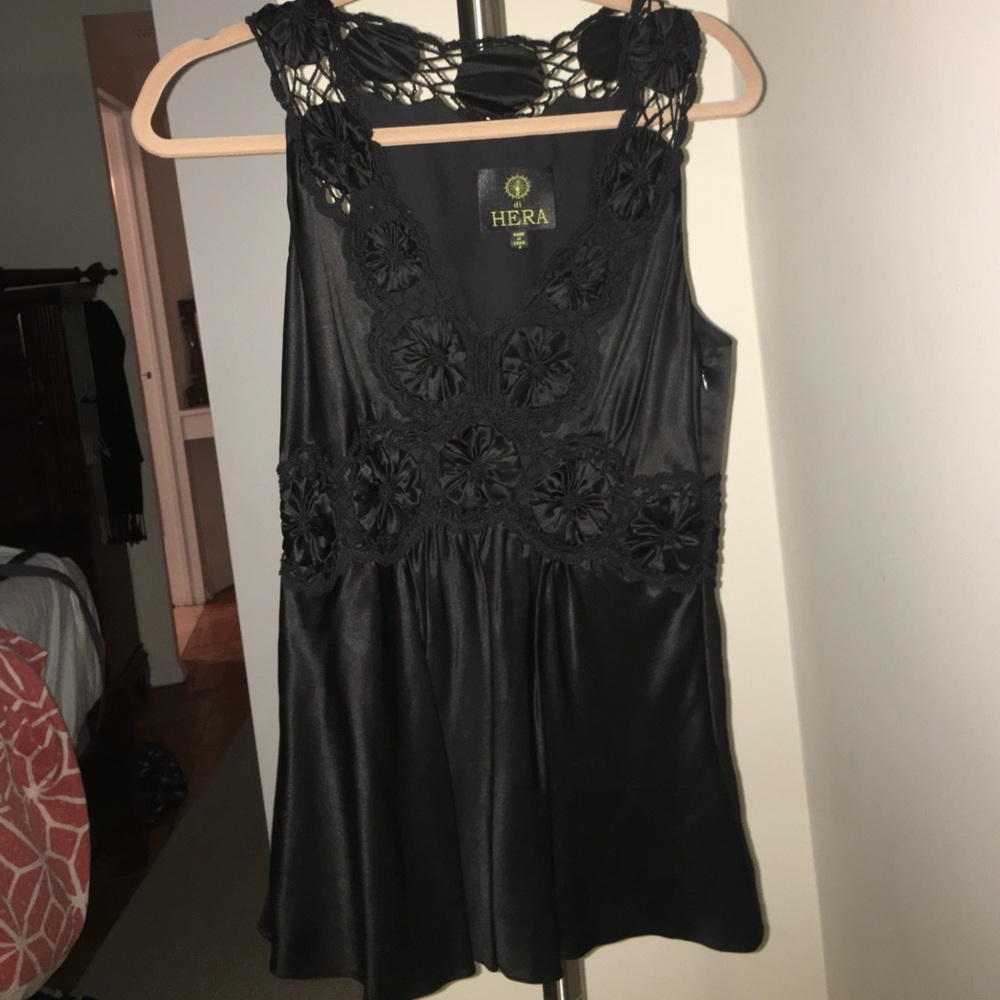 di HERA black silk sleeveless top with crochet
