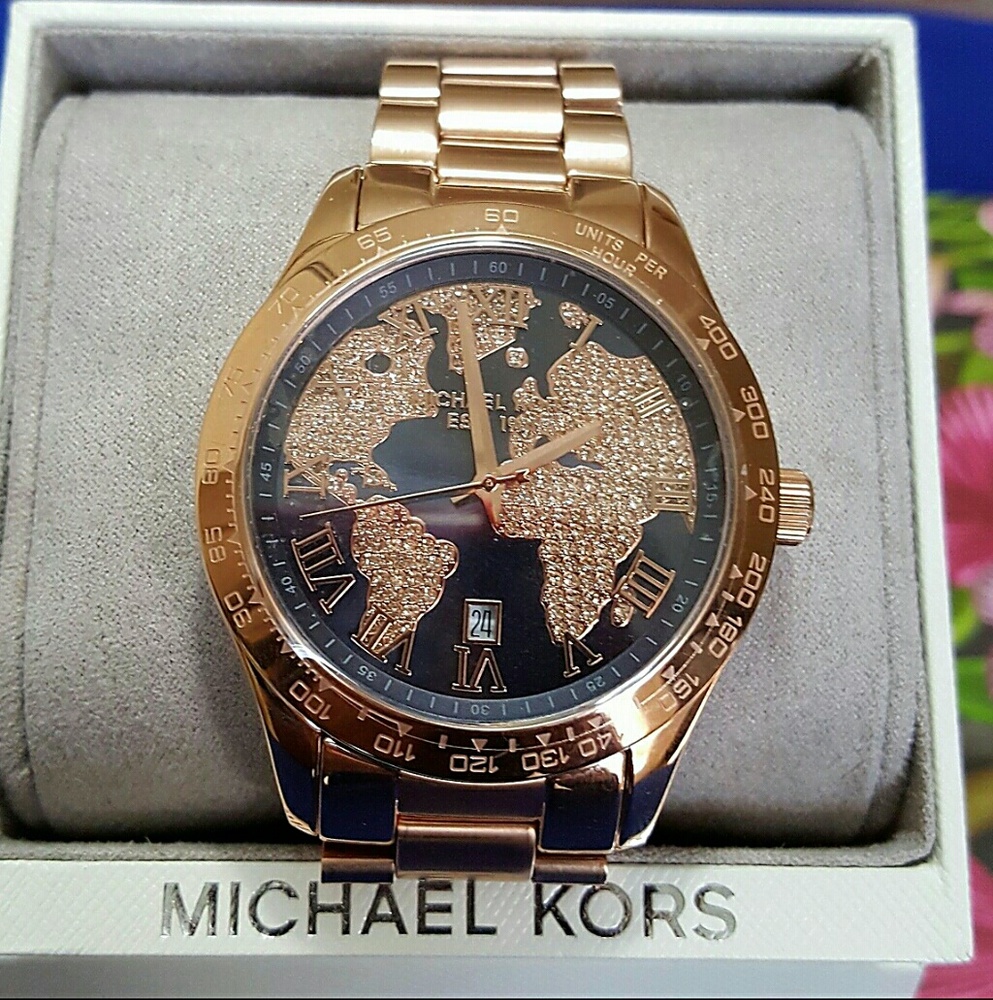 NWT Michael kors crystal map rose gold watch