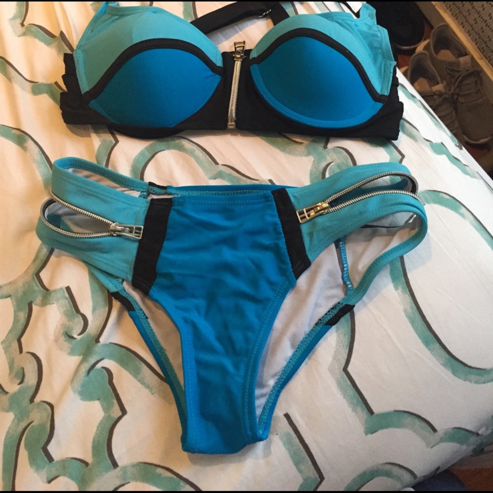 Blue and Black two piece swimsuit with zippers