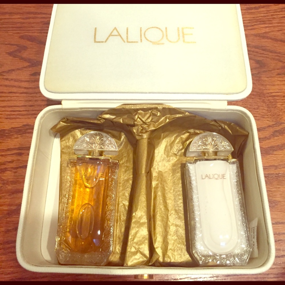 Lalique perfume set in white leather box