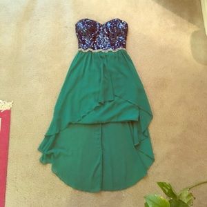 A-line, strapless, formal dress.