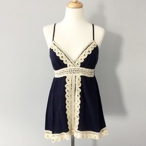 Strappy Navy Tank Top with Crochet Lace Trim