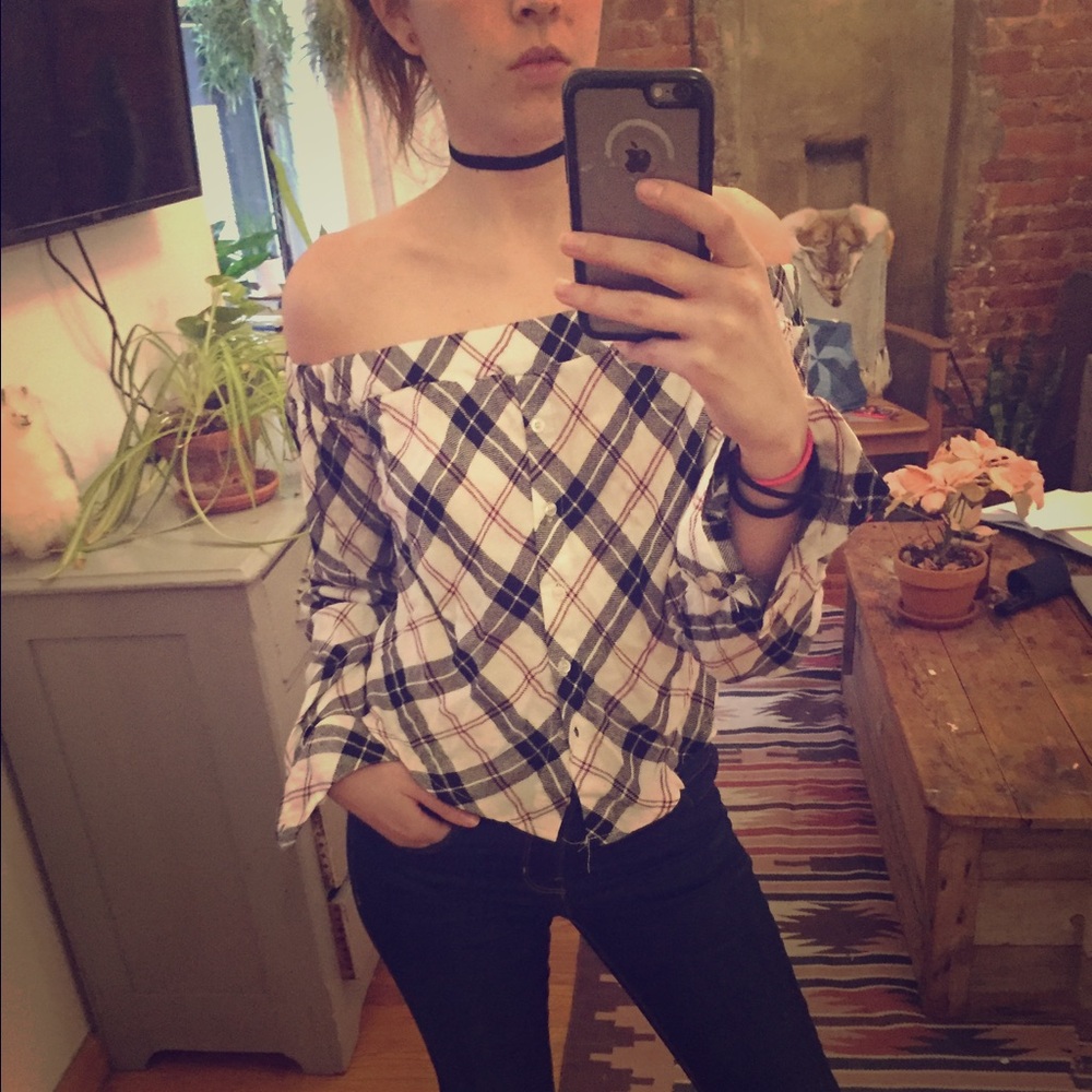 Off the shoulder plaid flannel top