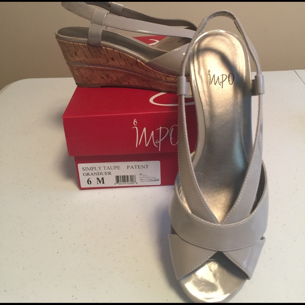 Impo Taupe Patent Sling Back Wedges