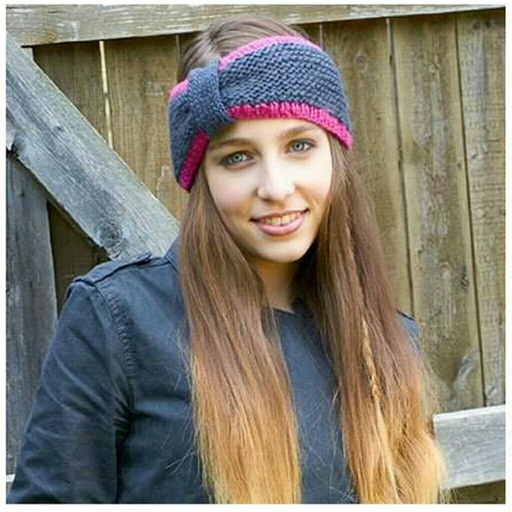 Hand Knitted Soft Wool Headband (Hot Pink/Grey)