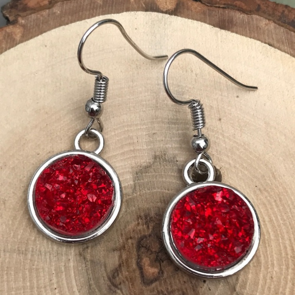 Red Druzy Silver Dangle Earrings 🌹3 for $25🌹