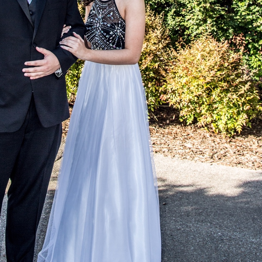 beautiful black and white halter top prom dress