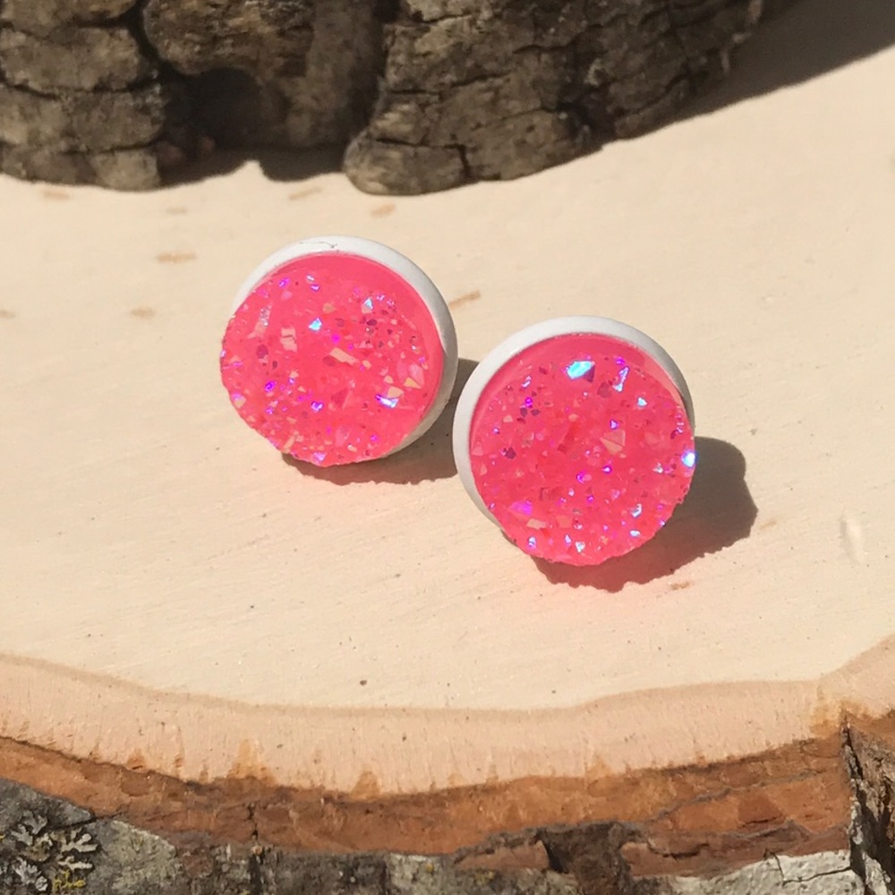 Hot Pink White Druzy Studs Earrings 🌸3 for $18🌸