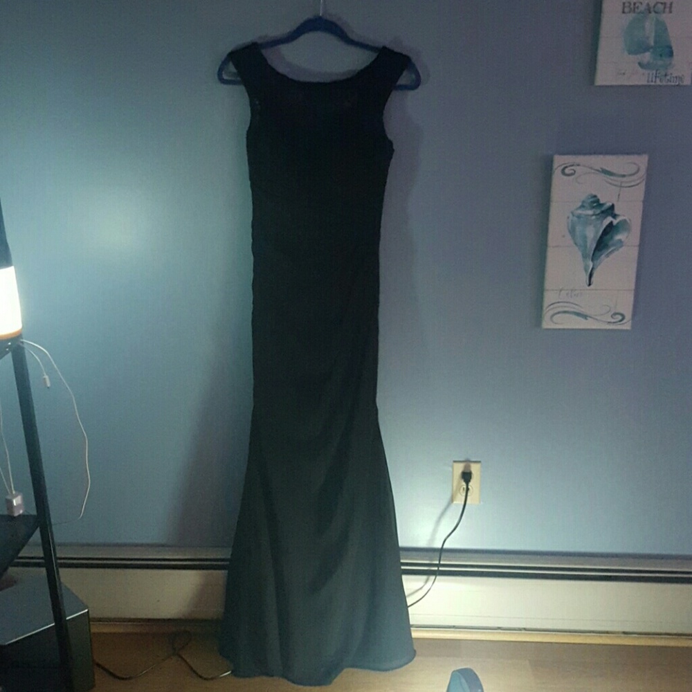 Black Mori Lee Lace Ruched Prom Dress