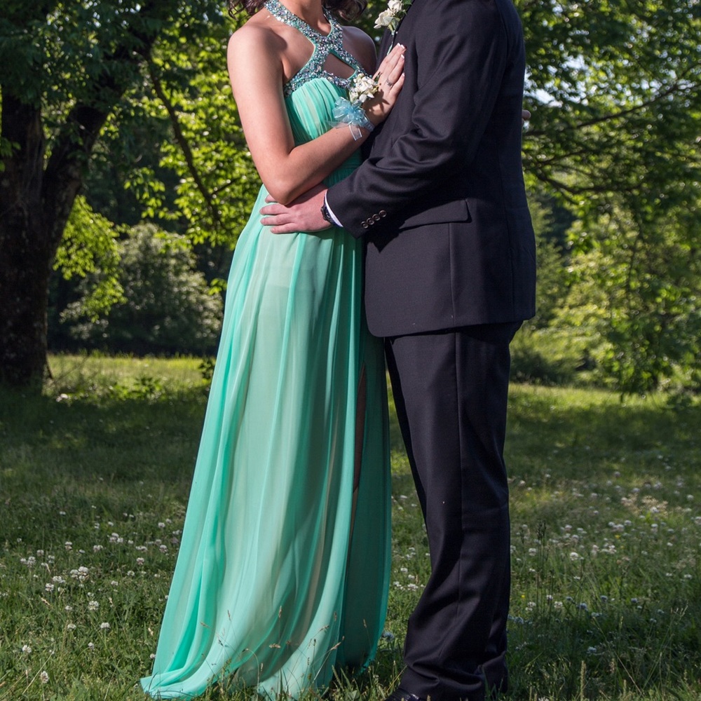 teal halter top prom dress with split leg