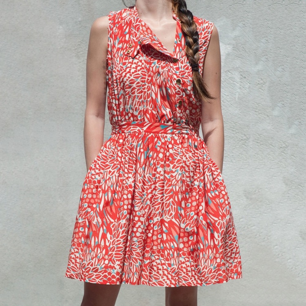 Lauren Moffatt Plumeria Sleeveless Pintuck Dress