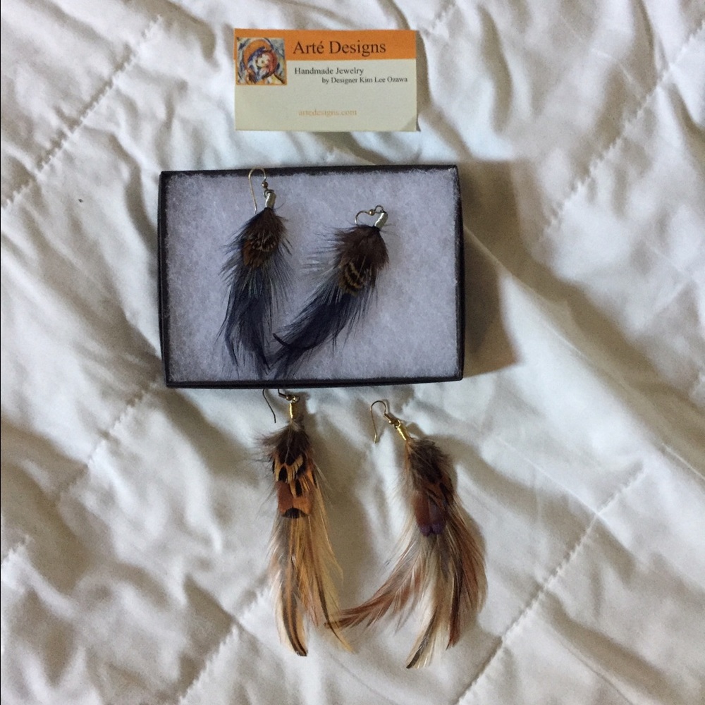 Handmade feathered earrings. Two pairs.